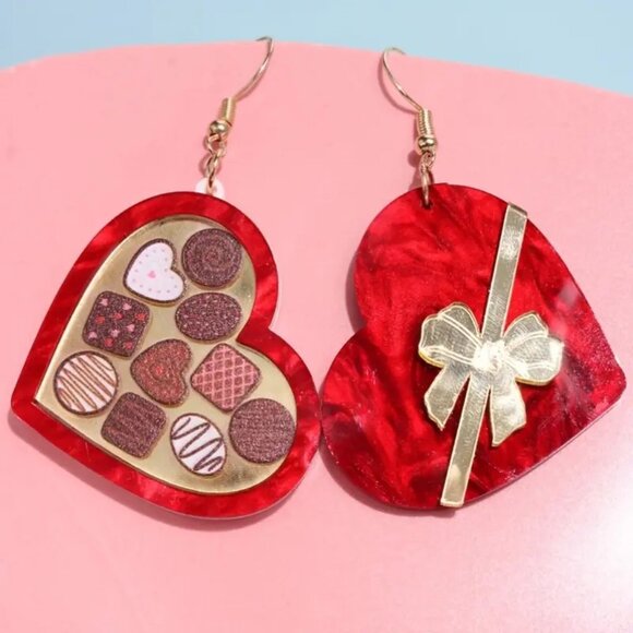 Valentine'S Day Heart-Shaped Acrylic  & Dangle Earrings, (New) - Picture 3 of 3